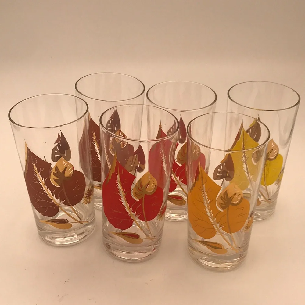 Federal Glass MCM/VTG Leaves Deluxe Drinking/Highball‎ Glasses (Set of 6)